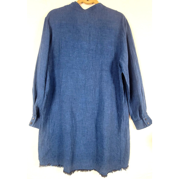 Finley Linen Blue Long Sleeve Frayed Hem Dress Woman's Size Large USA Made Beach - Picture 4 of 8
